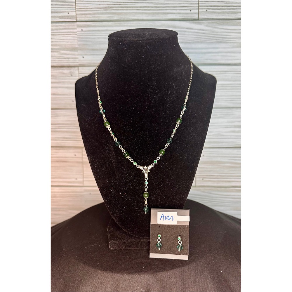 Avon Jewelry Set Vintage Green Butterfly Y-Necklace and Beaded Earrings
